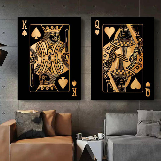 Add a touch of playful elegance to your living space with the Royal Poker Quotes wall art, featuring bold, yellow Queen and King poker quotes. These Nordic-inspired canvas prints bring a contemporary twist to your home décor, making a striking statement in any room.