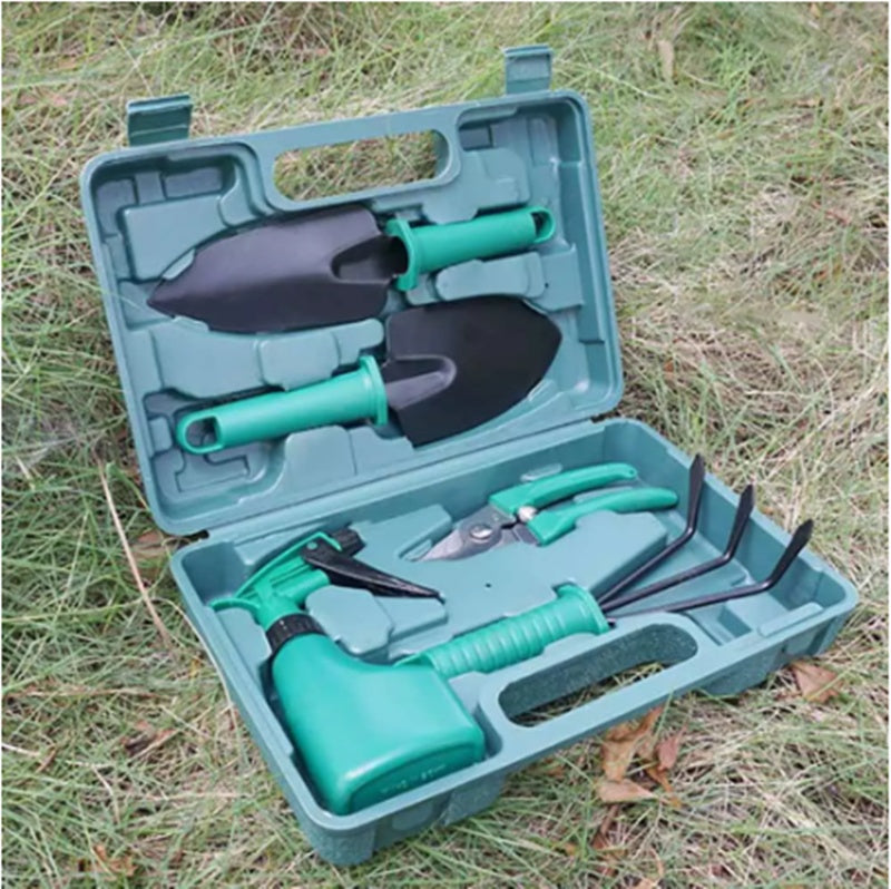 A five-piece garden tool set designed for succulent and general gardening tasks. The set includes a pointed shovel, round shovel, watering can, pruning shears, and rake, all made from eco-friendly plastic and durable A3 steel plates. Tools are stored in a portable box with shaped slots for easy organization. Ideal for digging, raking, pruning, and watering plants, with a practical nozzle switch on the watering can. Perfect for both beginner and experienced gardeners.