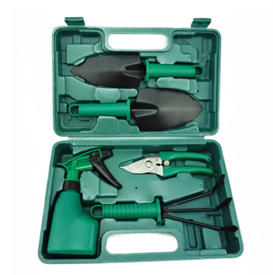 A five-piece garden tool set designed for succulent and general gardening tasks. The set includes a pointed shovel, round shovel, watering can, pruning shears, and rake, all made from eco-friendly plastic and durable A3 steel plates. Tools are stored in a portable box with shaped slots for easy organization. Ideal for digging, raking, pruning, and watering plants, with a practical nozzle switch on the watering can. Perfect for both beginner and experienced gardeners.