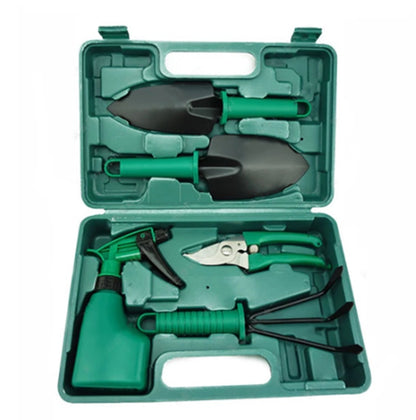 A five-piece garden tool set designed for succulent and general gardening tasks. The set includes a pointed shovel, round shovel, watering can, pruning shears, and rake, all made from eco-friendly plastic and durable A3 steel plates. Tools are stored in a portable box with shaped slots for easy organization. Ideal for digging, raking, pruning, and watering plants, with a practical nozzle switch on the watering can. Perfect for both beginner and experienced gardeners.