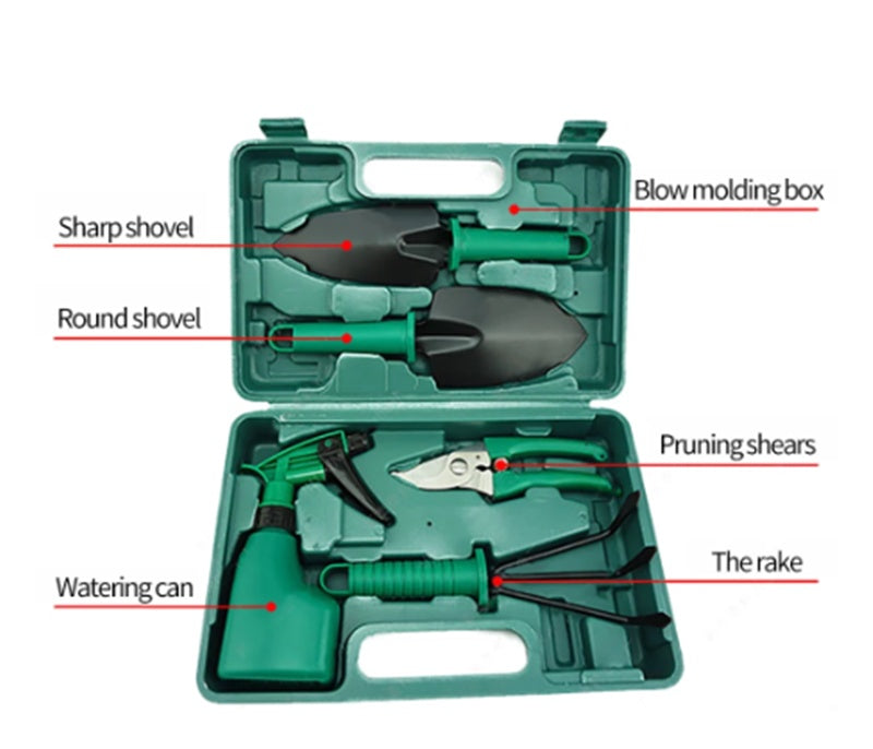 A five-piece garden tool set designed for succulent and general gardening tasks. The set includes a pointed shovel, round shovel, watering can, pruning shears, and rake, all made from eco-friendly plastic and durable A3 steel plates. Tools are stored in a portable box with shaped slots for easy organization. Ideal for digging, raking, pruning, and watering plants, with a practical nozzle switch on the watering can. Perfect for both beginner and experienced gardeners.