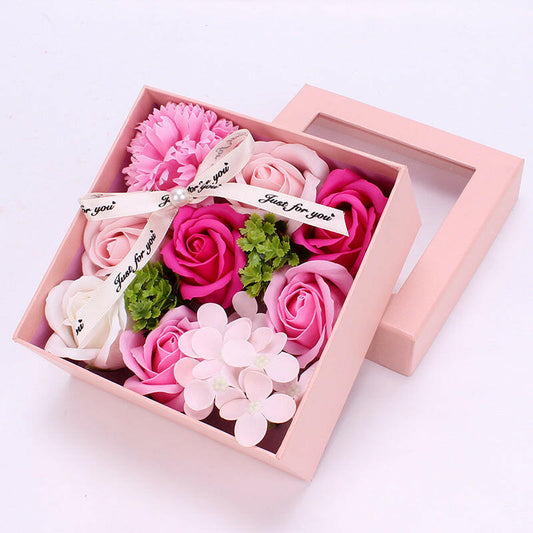 Handmade soap flower gift box with rose, carnation, and hydrangea in four color options: First Love Powder, Hot Love, Romantic Purple, and Candy Green. Perfect for various occasions