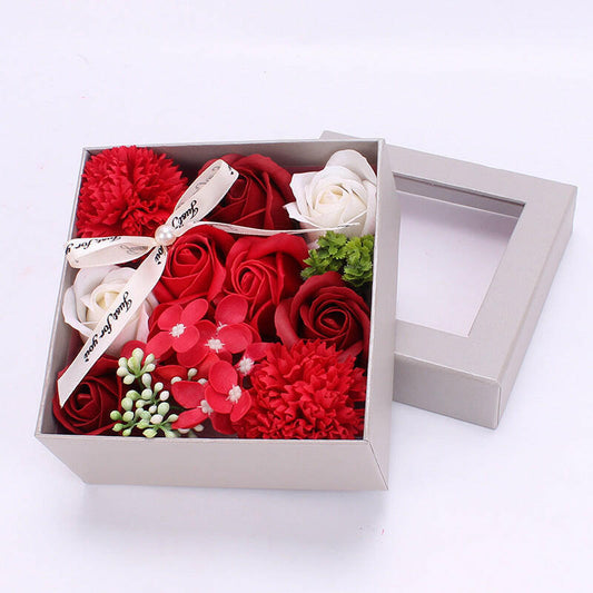 Handmade soap flower gift box with rose, carnation, and hydrangea in four color options: First Love Powder, Hot Love, Romantic Purple, and Candy Green. Perfect for various occasions