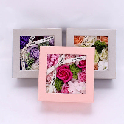 Handmade soap flower gift box with rose, carnation, and hydrangea in four color options: First Love Powder, Hot Love, Romantic Purple, and Candy Green. Perfect for various occasions