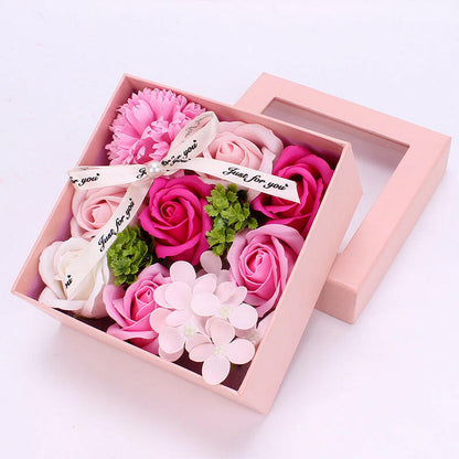 Handmade soap flower gift box with rose, carnation, and hydrangea in four color options: First Love Powder, Hot Love, Romantic Purple, and Candy Green. Perfect for various occasions