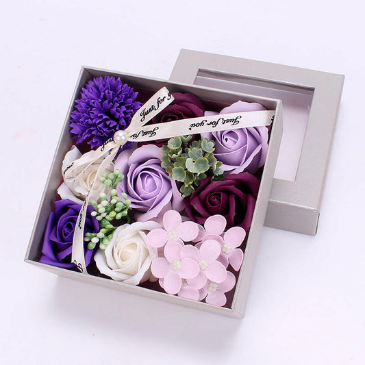 Handmade soap flower gift box with rose, carnation, and hydrangea in four color options: First Love Powder, Hot Love, Romantic Purple, and Candy Green. Perfect for various occasions