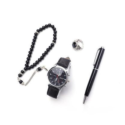 A chic boutique gift set featuring a stylish watch, a rosary, a ring, and a sleek pen, all presented in elegant black and brown color options.
