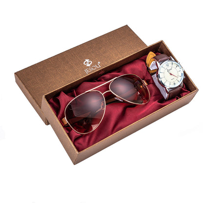 Watch and sunglasses creative combination set featuring a quartz movement watch with a 40mm round dial, imitation leather strap, and stainless steel pin buckle, paired with stylish sunglasses for a business-ready look