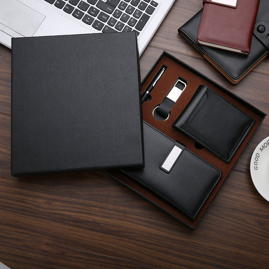 Elegant business notebook set featuring a metal pen, keychain, notebook, and wallet—perfect for corporate gifts, executive accessories, and professional use.