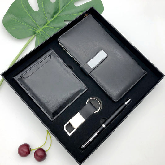 Elegant business notebook set featuring a metal pen, keychain, notebook, and wallet—perfect for corporate gifts, executive accessories, and professional use.
