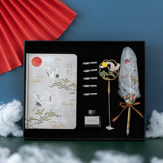 Elegant Chinese style feather pen gift set with metal shell, featuring vibrant feathers in Linghe, Songhe, Yunhe, and Guihe colors, and a stylish pen sheath.