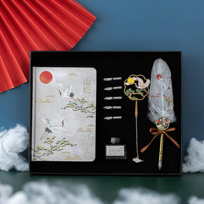 Elegant Chinese style feather pen gift set with metal shell, featuring vibrant feathers in Linghe, Songhe, Yunhe, and Guihe colors, and a stylish pen sheath.