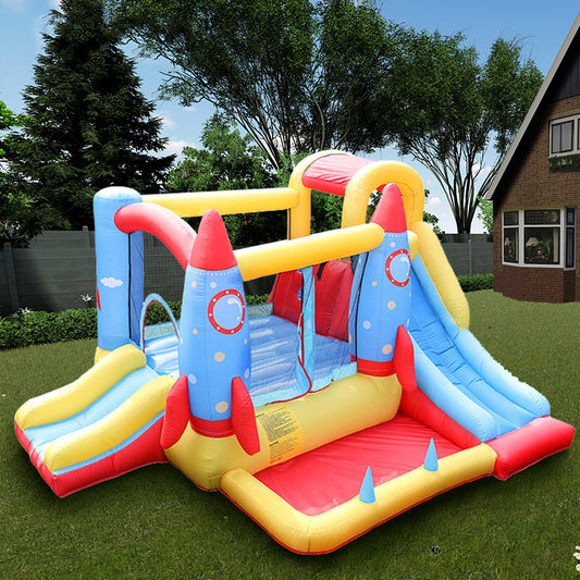**Children's Inflatable Castle Park – Rocket Castle** 🚀🏰 A fun and spacious inflatable bouncy castle (340x280x185cm) designed for 2-4 kids aged 3-12. Made from durable Oxford cloth and scratched fabric, with a powerful 450W fan for continuous play. Lightweight (18kg) and perfect for backyards, parties, and events. Includes 1 bouncy castle for endless fun! 🎉