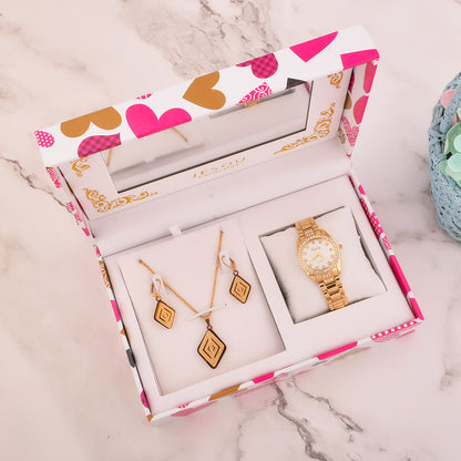 Elegant and functional Girl Gift Watch & Necklace Set with a life waterproof feature, perfect for young girls. Quartz movement, 35mm round dial with a sleek glass mirror, alloy buckle, and textile strap for comfort and durability. Includes a beautiful matching necklace, ideal for any special occasion.