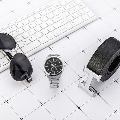 **Men's Watch Gift Set – Stylish & Functional ⌚** A sleek **42mm dial** with a **chronograph** function and **quartz movement** for accurate timekeeping. Featuring a classic **pointer display**, **spiral crown**, and **9mm thickness** for a comfortable fit. Fashion-forward design, perfect for any occasion. Not waterproof but built for everyday wear. Great for gifting! 🎁