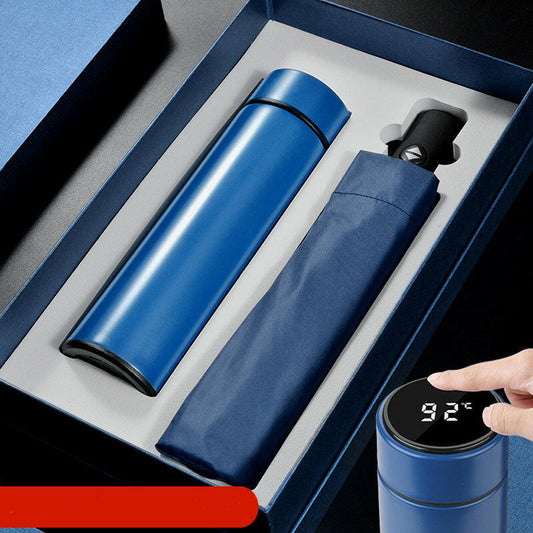Business automatic umbrella with one-button open/close, lightweight at 380g, paired with a sleek 304 stainless steel mug available in three color options.