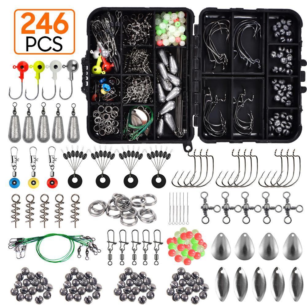 A comprehensive 246-piece sea fishing tackle set including hooks, lead sinkers, luminous beads, and other accessories, neatly organized in a durable box for all your fishing needs.