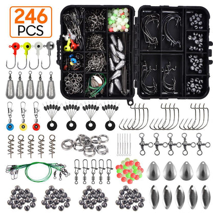 A comprehensive 246-piece sea fishing tackle set including hooks, lead sinkers, luminous beads, and other accessories, neatly organized in a durable box for all your fishing needs.