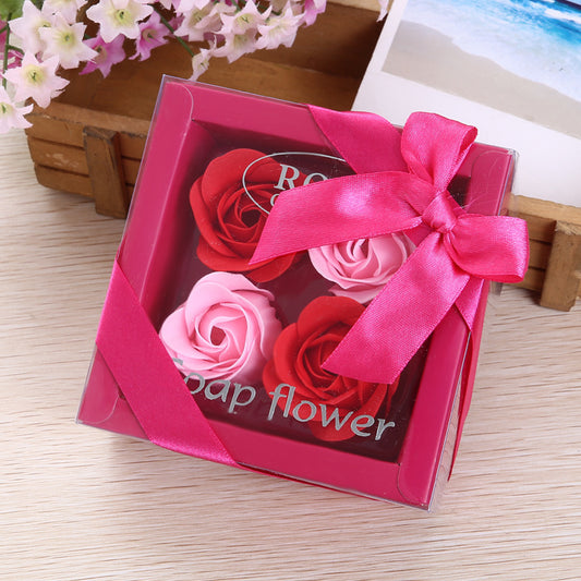 **4 Rose Soap Flowers Gift Box – Elegant Handmade Gift 🌹** A **handmade soap flower bouquet** in a **gift box** (11x11x5cm), available in various color combinations like **Red + Pink**, **Deep Purple + Light Purple**, and more. Perfect for any occasion, including **birthdays**, **Mother's Day**, **Valentine's Day**, and more. 🎁