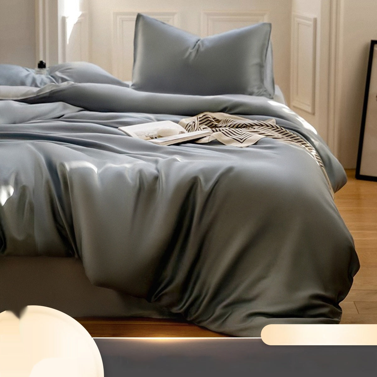 Luxuriously soft Four-Piece Ice Silk Bed Sheets made from breathable Lyocell fiber (Tencel). Features a modern minimalist design, reactive dyeing for long-lasting color, and a silky-smooth texture for year-round comfort. Available in multiple sizes.