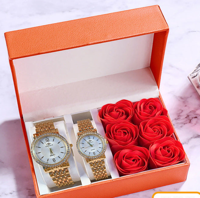 A stylish Women's Watch Business Gift Set featuring a quartz movement, round dial with a spiral crown, and a stainless steel band. The watch comes in multiple colors including white, black, rose gold, and gold, perfect for both professional and casual occasions. The set is elegantly packed and ideal for gifting.