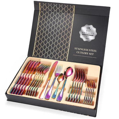 A 24-piece stainless steel cutlery set, made from durable 18/10 stainless steel, eco-friendly, BPA-free, and dishwasher safe. Includes forks, knives, spoons, and teaspoons.