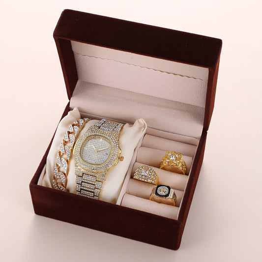 Celebrate the extraordinary man in your life with the Luxury Father's Day Gift Set, a premium collection featuring a diamond-set watch, bracelet, and ring. Designed to make a lasting impression, this sophisticated set exudes elegance, style, and timeless luxury.