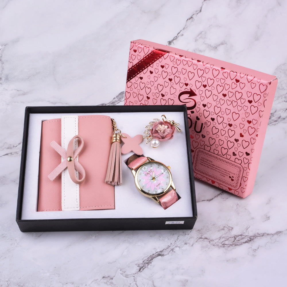 Fashion Creative Boutique Gift Set featuring a belt quartz watch, wallet, and brooch, designed for women with a stylish and functional touch, perfect for gifting.