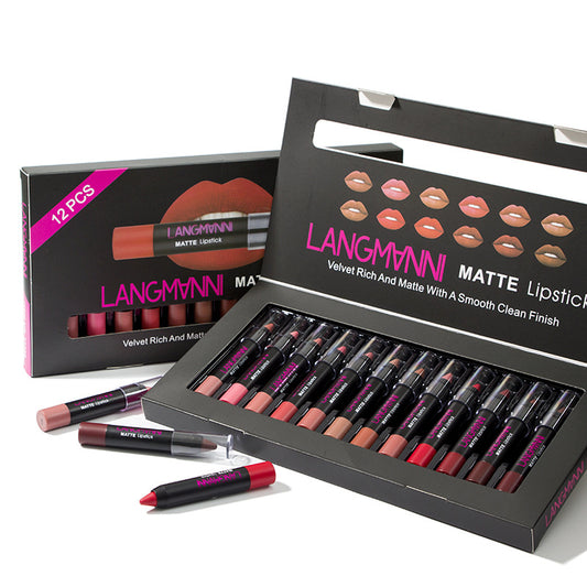 Matte velvet lipstick set with 12 shades (3.5g each), offering long-lasting color, moisturizing properties, and a smooth, healthy finish for lips.