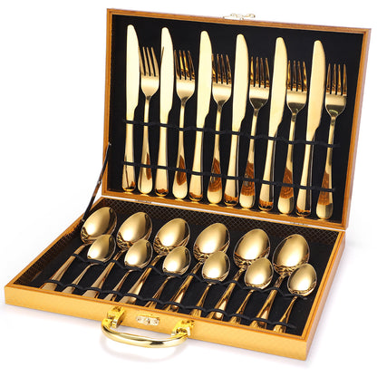 A 24-piece stainless steel cutlery set, made from durable 18/10 stainless steel, eco-friendly, BPA-free, and dishwasher safe. Includes forks, knives, spoons, and teaspoons.