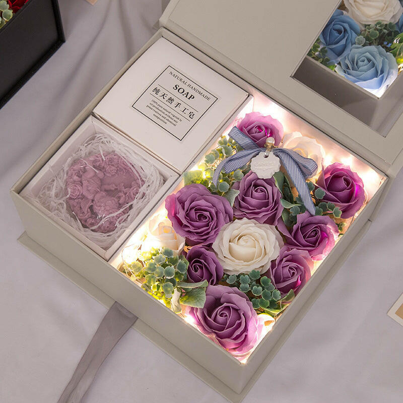 Handmade soap flower rose gift box in elegant packaging, available in various sets including thermos cups, wishing rabbit, and Little Fairy notebooks in different colors.