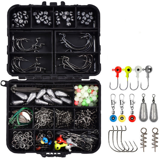 A comprehensive 246-piece sea fishing tackle set including hooks, lead sinkers, luminous beads, and other accessories, neatly organized in a durable box for all your fishing needs.