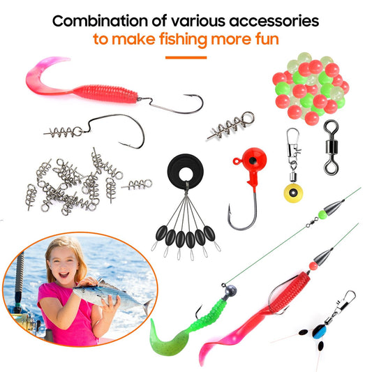 A comprehensive 246-piece sea fishing tackle set including hooks, lead sinkers, luminous beads, and other accessories, neatly organized in a durable box for all your fishing needs.