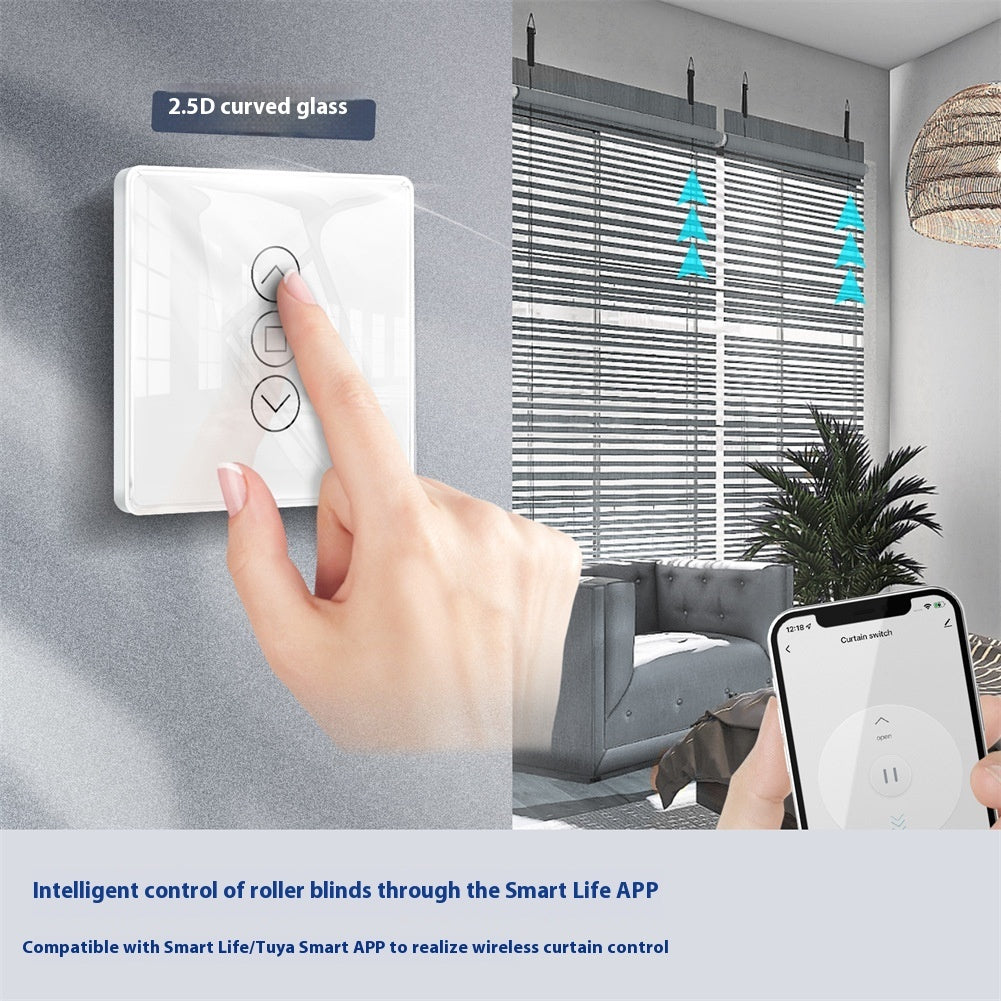 WiFi Smart Curtain with control panel, featuring a waterproof design, timing function, and 2.4GHz RF433 WiFi connectivity. Made with tempered glass and designed for indoor use, it offers smart automation for modern homes.