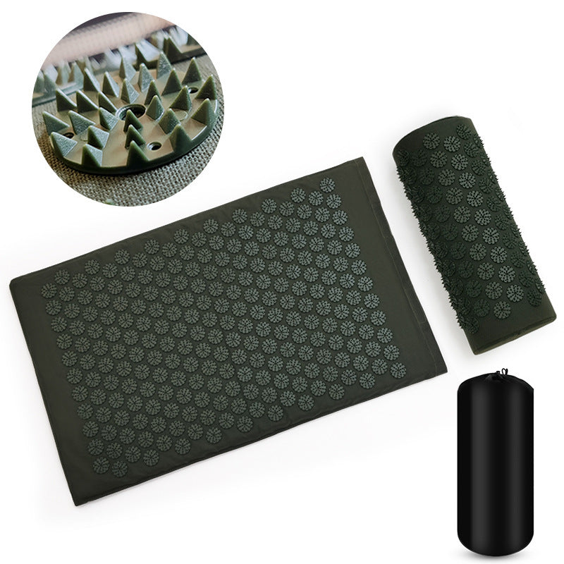 Acupuncture Massage Cushion & Pillow Set with Yoga Mat in green and navy blue, made from cotton, ABS, and sponge materials. Provides relaxation and stress relief.