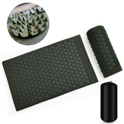 Acupuncture Massage Cushion & Pillow Set with Yoga Mat in green and navy blue, made from cotton, ABS, and sponge materials. Provides relaxation and stress relief.