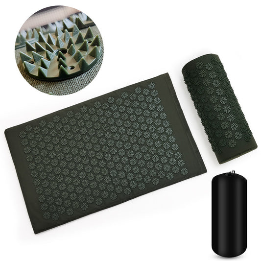 Acupuncture Massage Cushion & Pillow Set with Yoga Mat in green and navy blue, made from cotton, ABS, and sponge materials. Provides relaxation and stress relief.