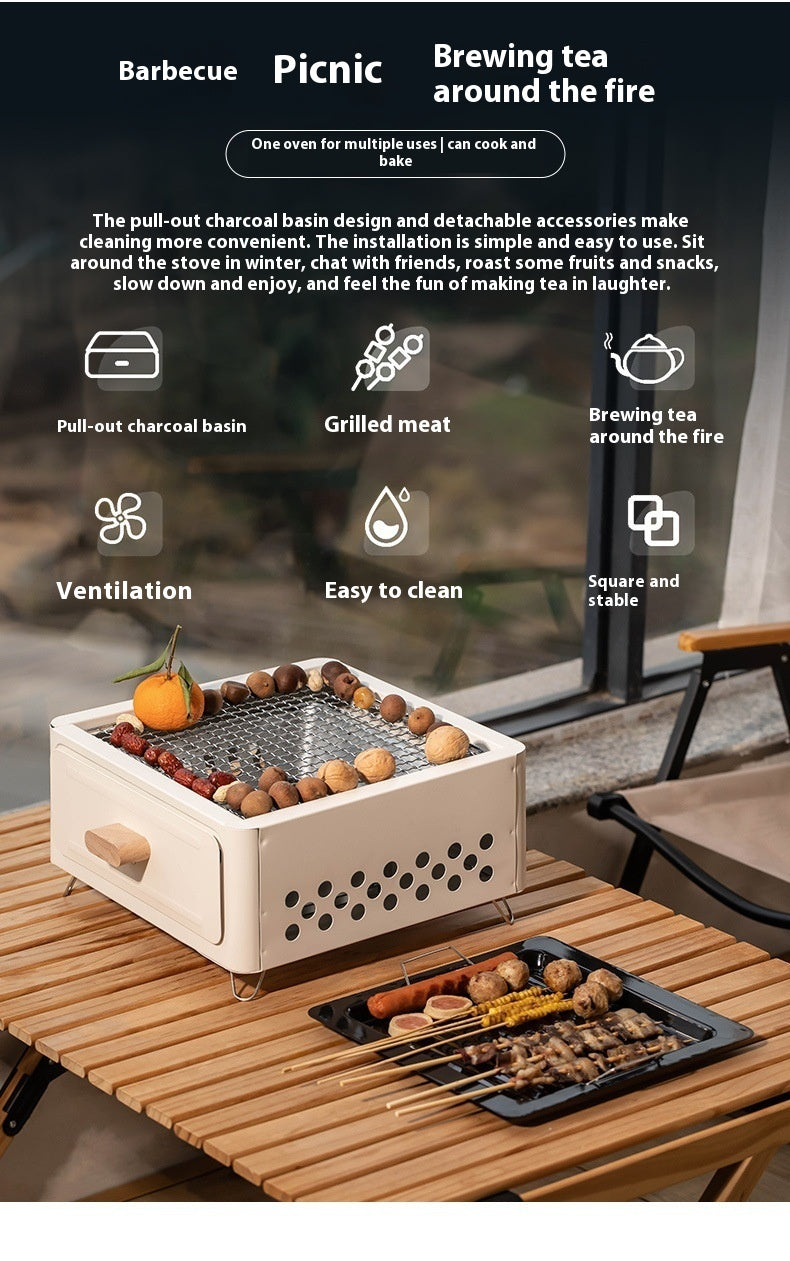 "Square Barbecue Oven-Grill – A white, alloy-constructed grill designed for 3-5 people, featuring a split-type structure, carbon fuel compatibility, and includes a charcoal plate and grill net. Perfect for outdoor gatherings and cookouts."
