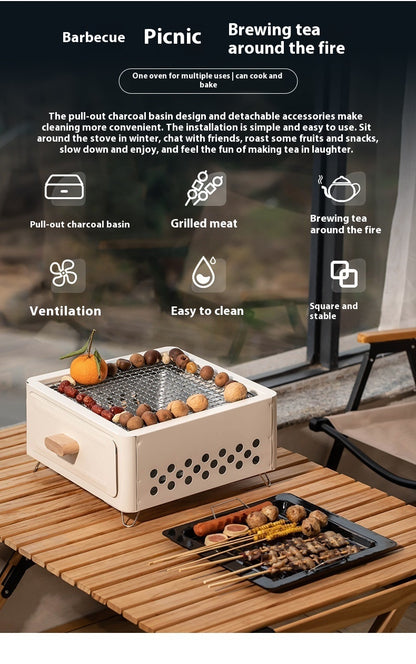 "Square Barbecue Oven-Grill – A white, alloy-constructed grill designed for 3-5 people, featuring a split-type structure, carbon fuel compatibility, and includes a charcoal plate and grill net. Perfect for outdoor gatherings and cookouts."