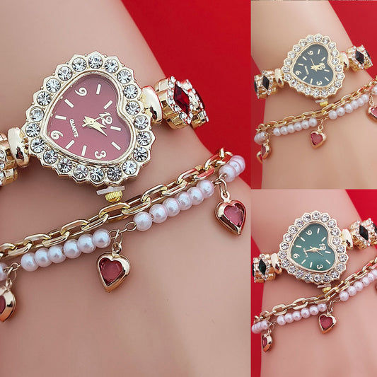 **Love Shape Watch Set – Stylish & Elegant 💖** A **quartz movement** watch with a **unique love shape design**, available in **Red**, **Green**, and **Black**. Featuring **alloy strap** and **stainless steel** watch bottom for durability. A versatile piece, worn as both a **watch** and **bracelet**. ✨