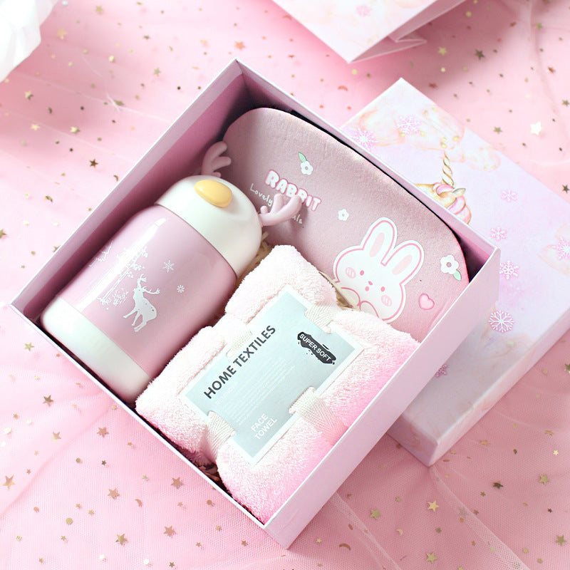 Birthday Cute Gift Set featuring coral fleece towels, matching hair bands, and optional glass cups, umbrellas, or eye masks in various stylish combinations.