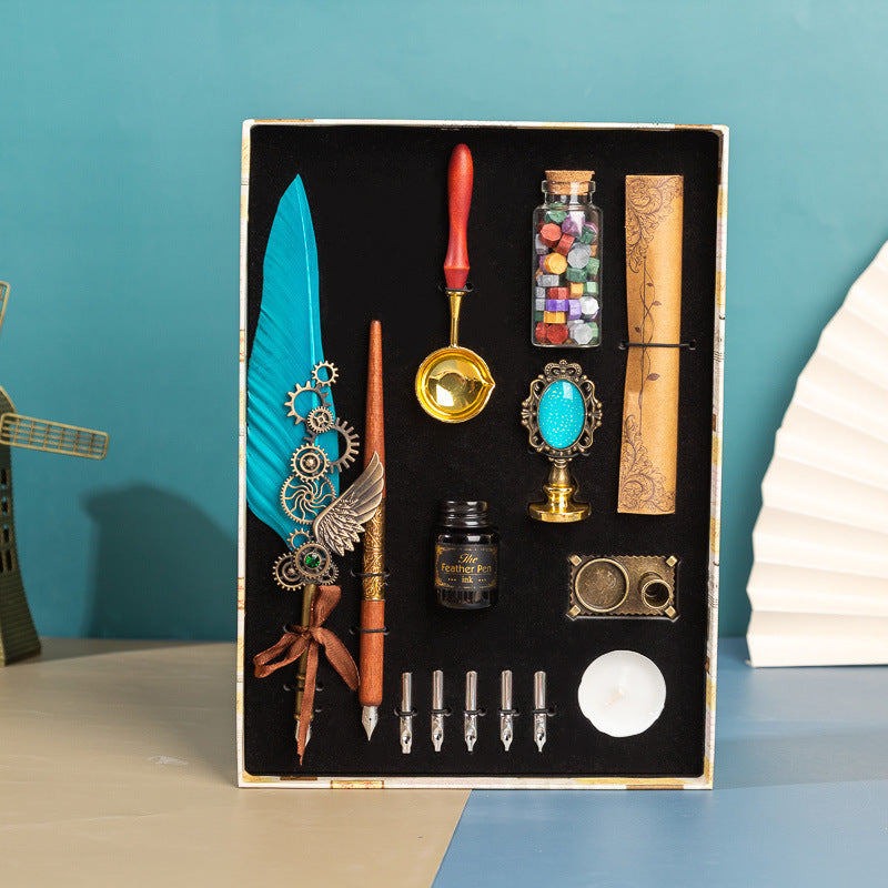 **Business Gift Box Pen Set – Elegant & Crafty 🖋️** A **retro punk-style** pen set with high-quality materials like **brass pen holders**, **natural feathers**, and **wooden components**. Includes **1 feather pen**, **1 wooden dip pen**, **1 candle**, **1 seal**, **1 bottle of wax particles**, **5 replacement tips**, and more, all neatly packaged in a gift box. Available in colors like **wine red, navy blue, black**, and **white**—perfect for gifting or enhancing your workspace. 📜🎁