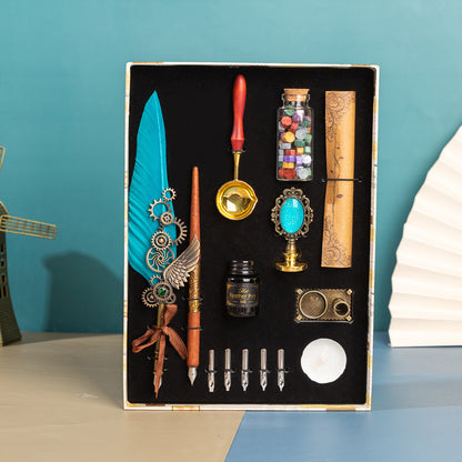 **Business Gift Box Pen Set – Elegant & Crafty 🖋️** A **retro punk-style** pen set with high-quality materials like **brass pen holders**, **natural feathers**, and **wooden components**. Includes **1 feather pen**, **1 wooden dip pen**, **1 candle**, **1 seal**, **1 bottle of wax particles**, **5 replacement tips**, and more, all neatly packaged in a gift box. Available in colors like **wine red, navy blue, black**, and **white**—perfect for gifting or enhancing your workspace. 📜🎁