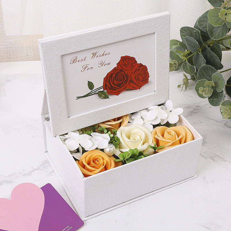 **Rose Flower Box – A handmade bouquet of soap roses in an elegant photo box, available in pink, red, blue, orange, and purple. Perfect for gifting on special occasions.**