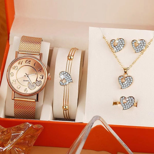 A five-piece women's jewelry set, featuring a quartz watch with a spiral crown, pin buckle, and a durable plastic mirror. The set comes in a love-themed gift box with a 36mm dial diameter and a thickness of 10mm.
