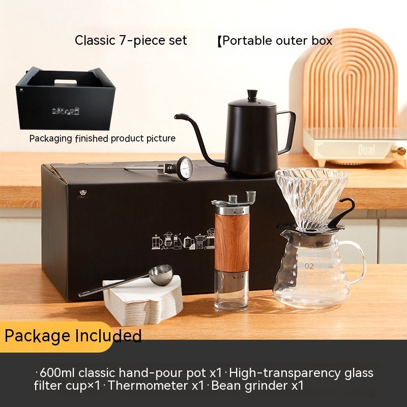"Pour-Over Coffee Suit Gift Box – A premium coffee brewing set with elegant design and bronzing surface technology. Available in multiple configurations, including 6, 7, 8, and 9-piece sets with luxury packaging. Perfect for coffee lovers, professionals, and gift-giving on any occasion."