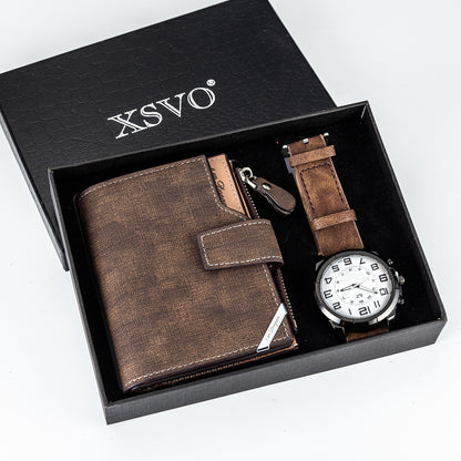 **Men's Gift Set – Stylish & Functional 🎁** A **chronograph** watch with a **PU strap** and **stainless steel buckle**, paired with a sleek wallet. The **4.0cm dial** and **24x2cm strap** offer a comfortable fit. Perfect for any occasion! ⌚💼