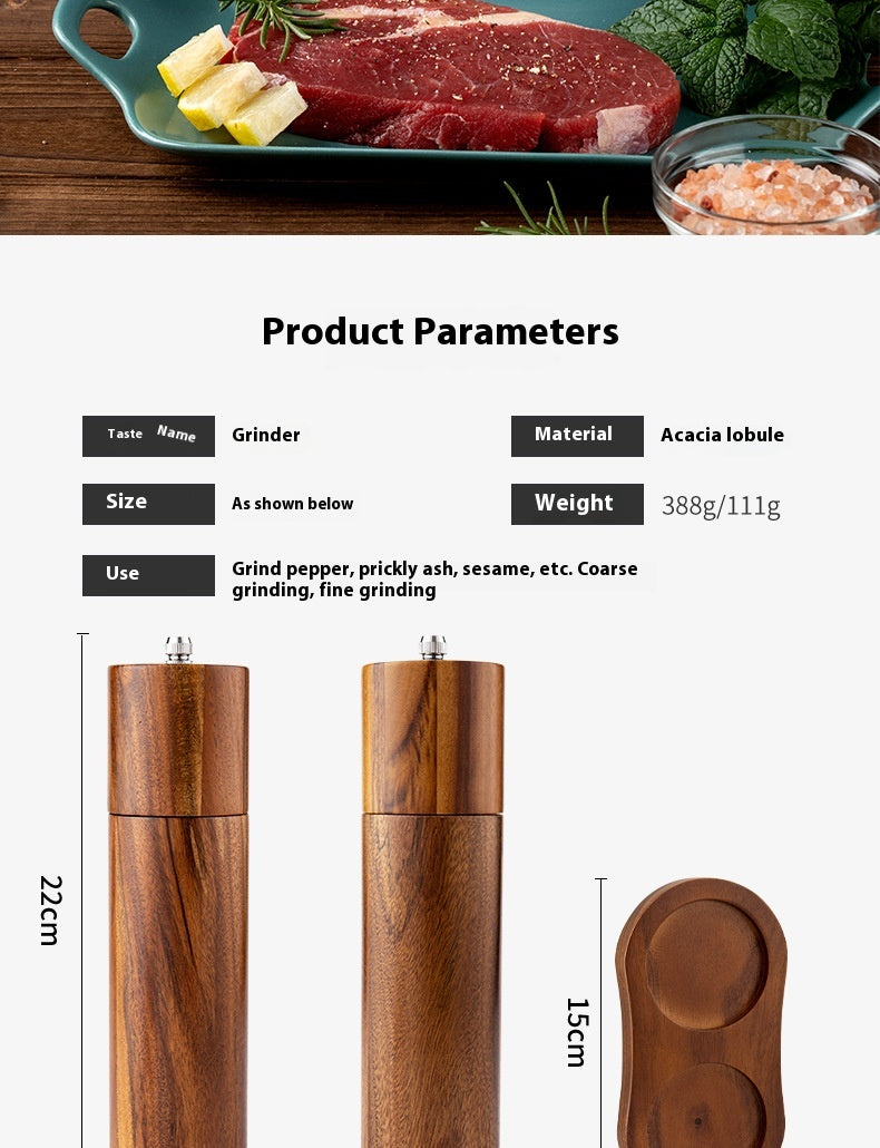 Acacia Mangium 8-inch manual pepper grinder with a ceramic grinding mechanism, available in single, 2-piece, or 3-piece sets. Modern, minimalist design with color box packaging.
