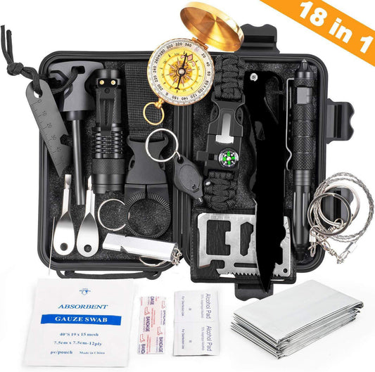 A compact survival tool set with various essential tools for emergencies, including a flashlight, multi-function knife card, whistle, defense pen, compass, survival blanket, and more, all neatly packed in a portable carrying case. Perfect for outdoor adventures and disaster preparedness.