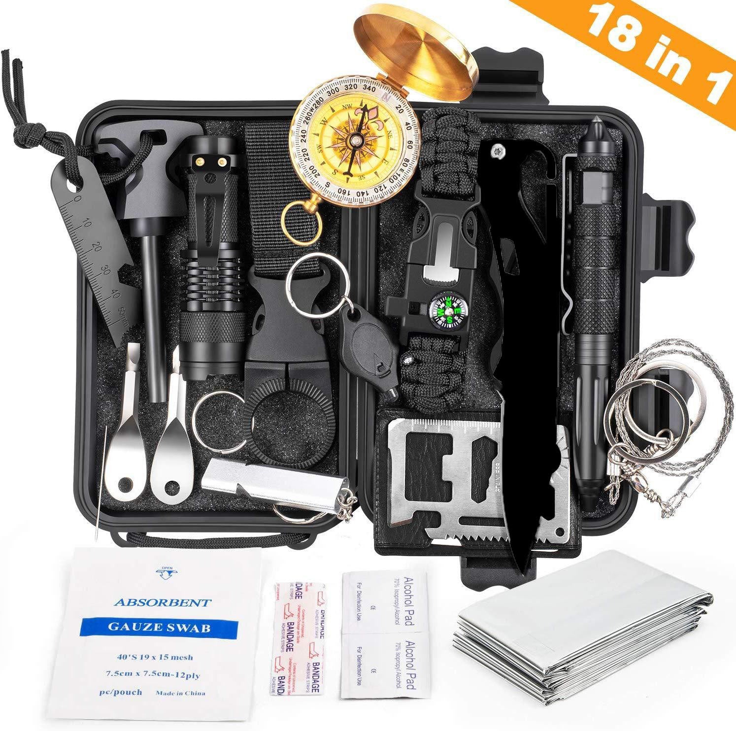 A compact survival tool set with various essential tools for emergencies, including a flashlight, multi-function knife card, whistle, defense pen, compass, survival blanket, and more, all neatly packed in a portable carrying case. Perfect for outdoor adventures and disaster preparedness.